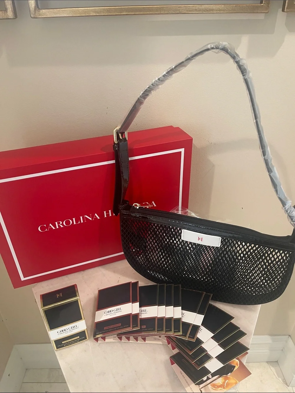 Carolina Herrera Black Mesh Shoulder Bag And Jasmine Absolute Fragrance